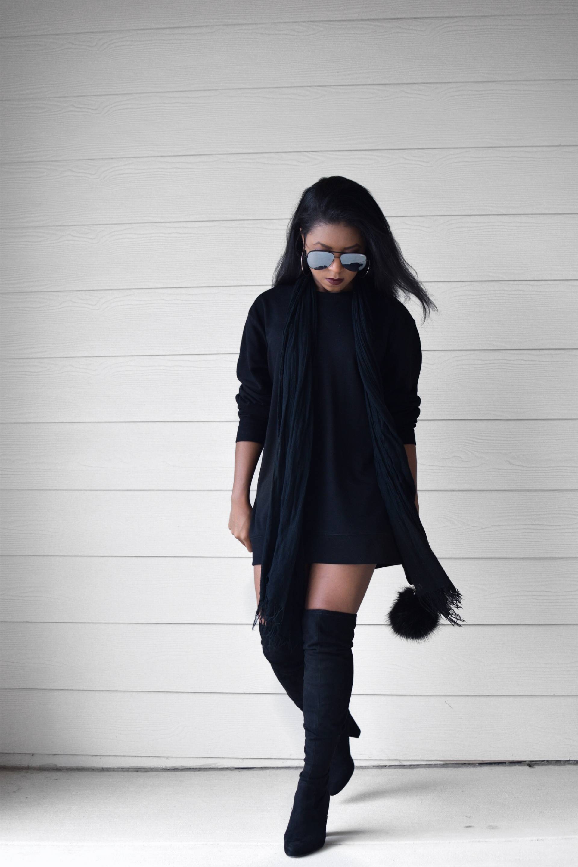 thigh high boots with oversized hoodie