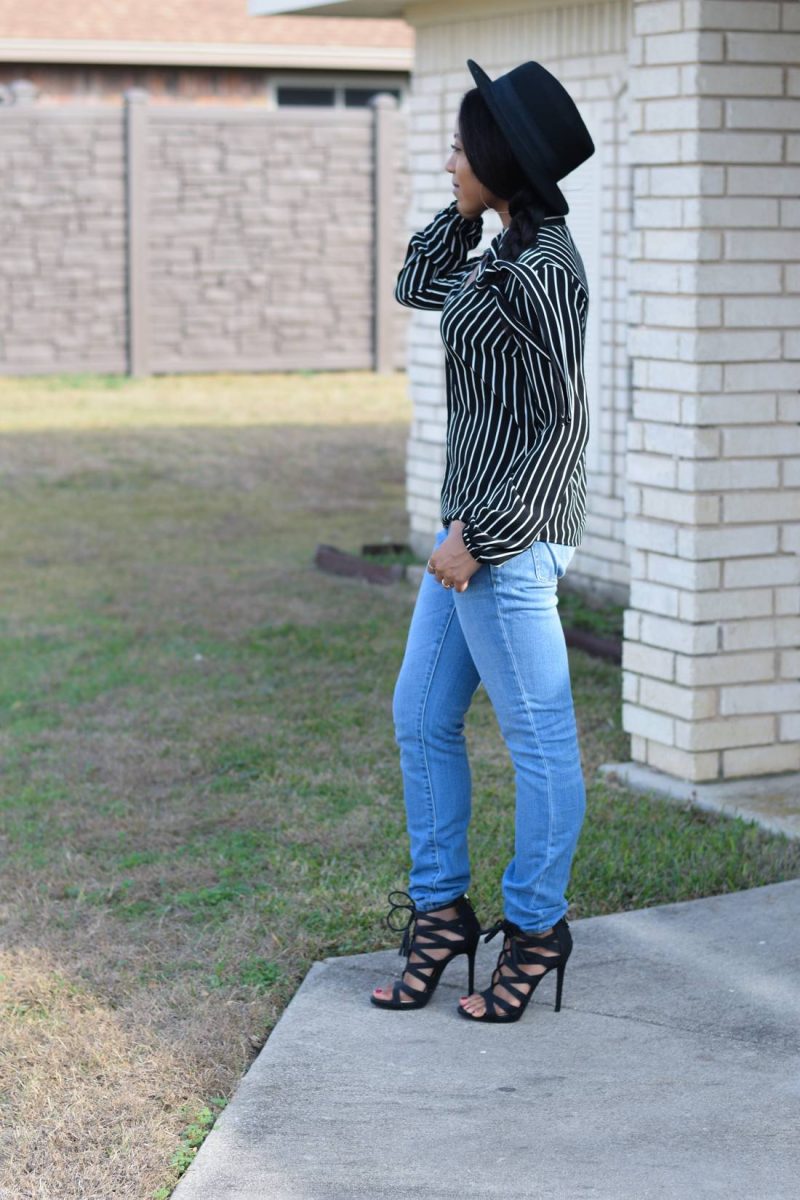 pinstripe blouse and light denim featuring mimi chia and forever 21