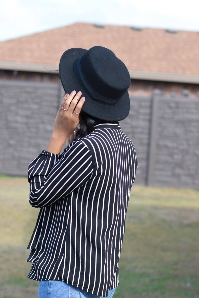 pinstripe blouse and light denim featuring mimi chia and forever 21