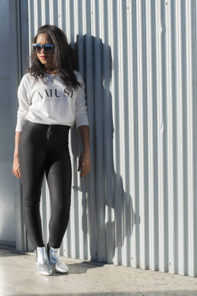 AMUSE Society sweatshirt and topshop silver boots | minimal outfit idea