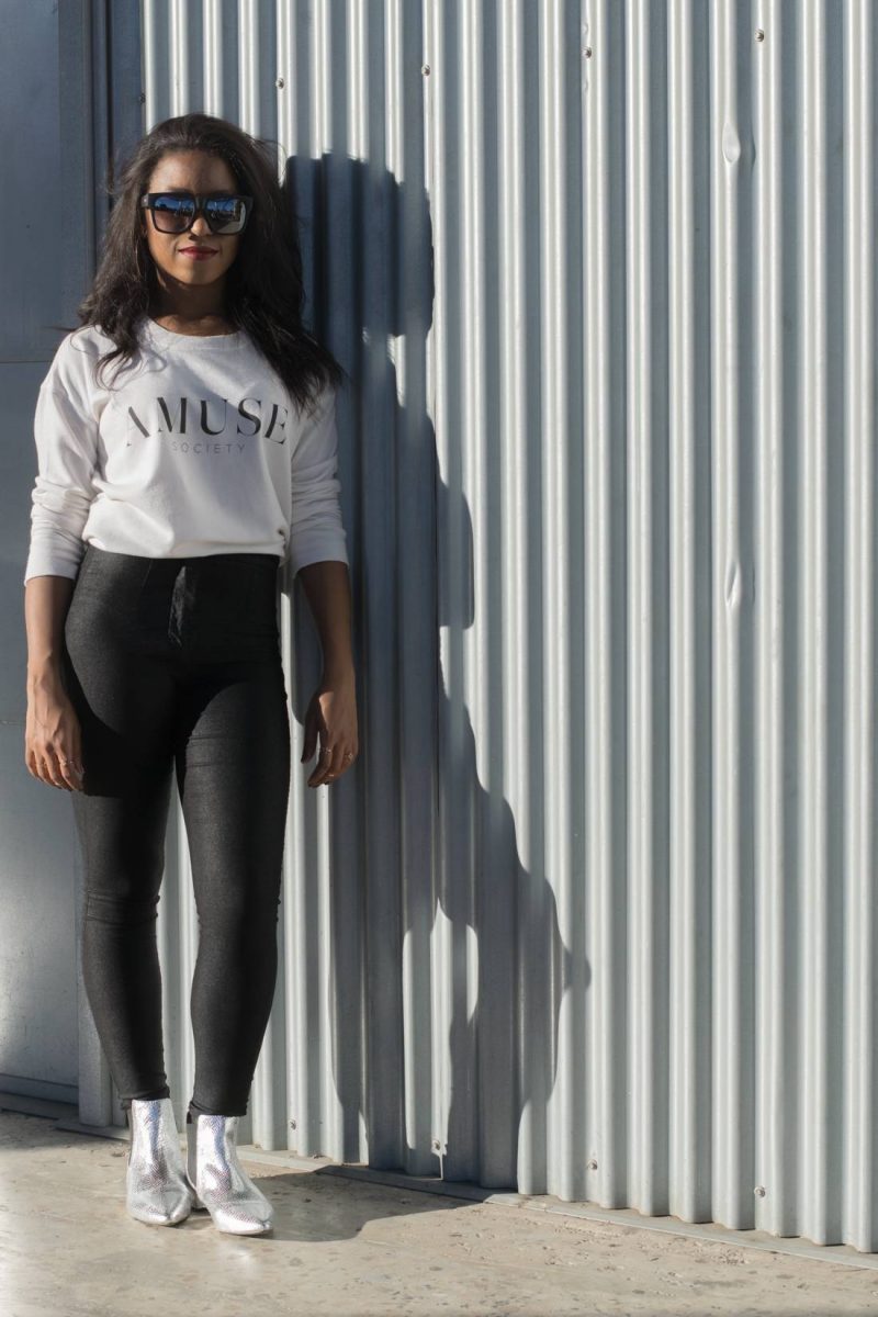 AMUSE Society sweatshirt and topshop silver boots | minimal outfit idea