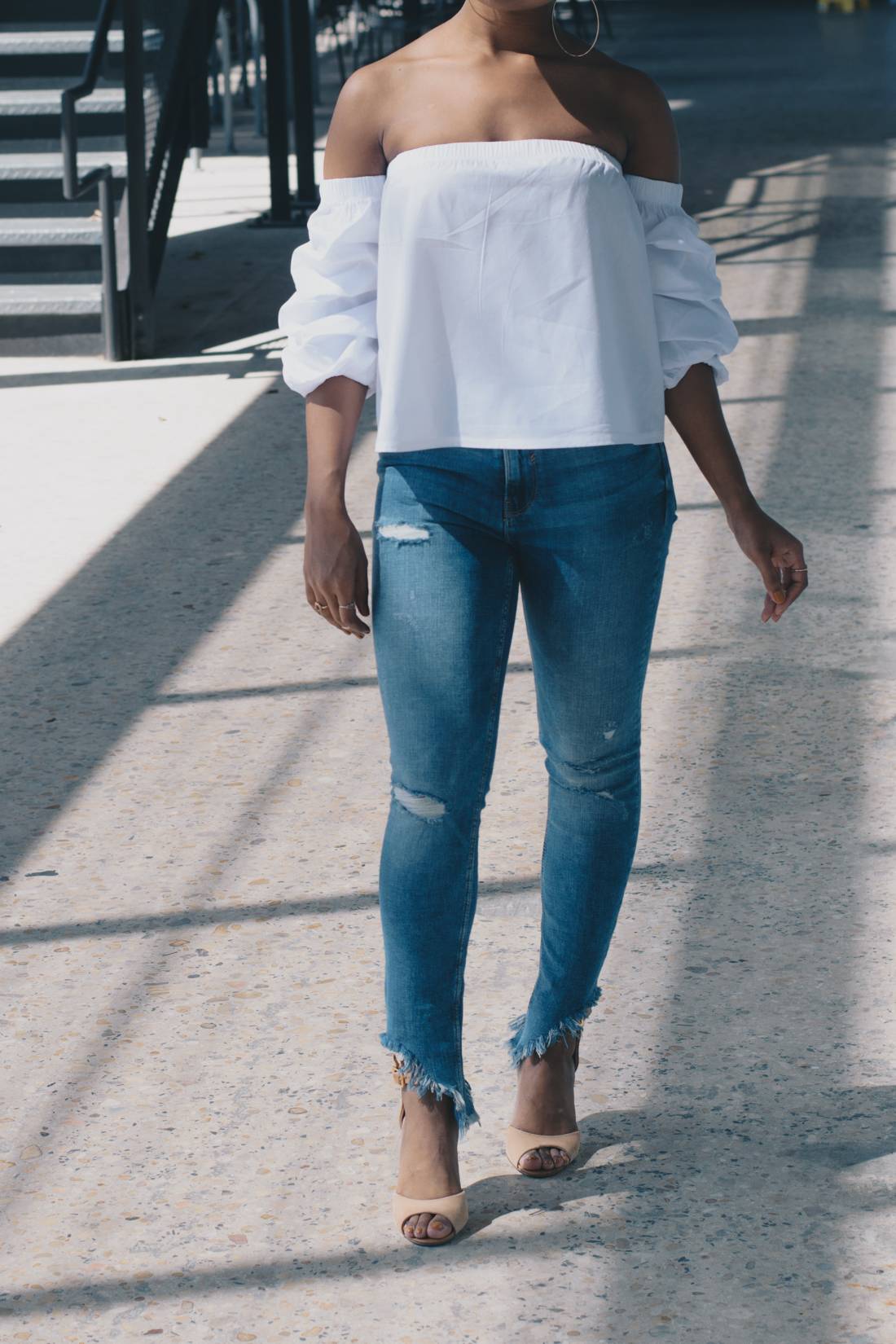 Ripped Hem Jeans and Off teh Shoulder Top-2 - Venti Fashion