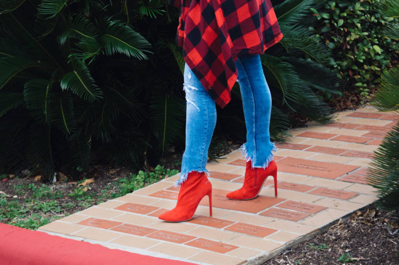 red flannel and red boots outfit