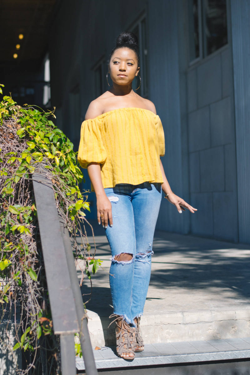 top knot and off the shoulder spring look