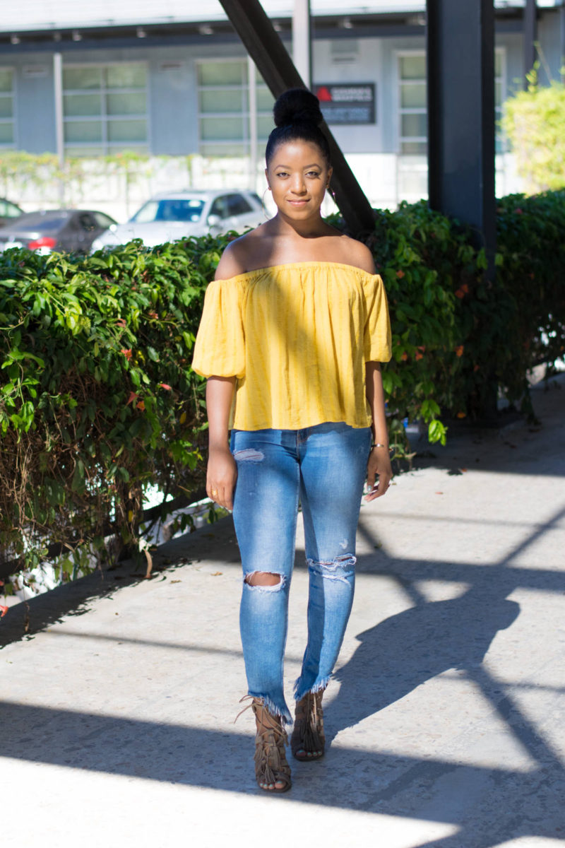 top knot and off the shoulder spring look