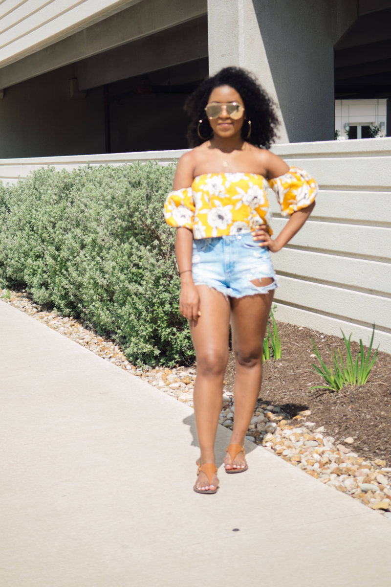 yellow off the shoulder top outfit idea