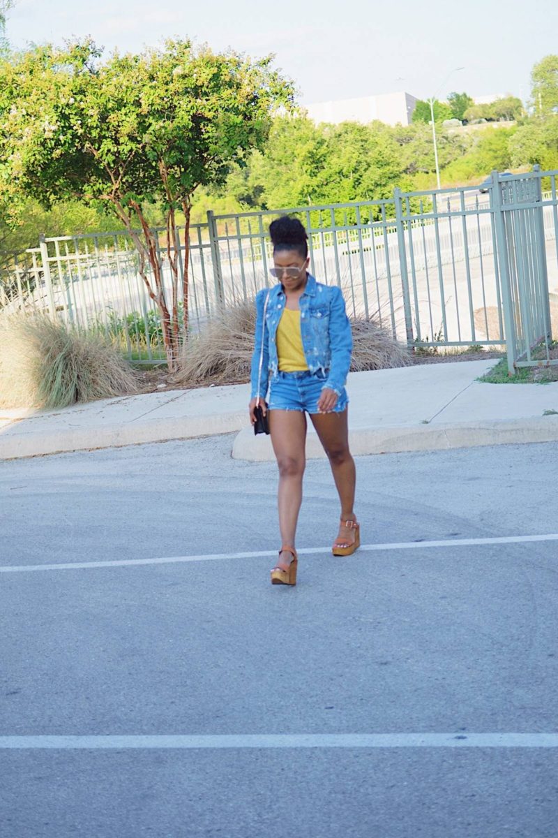 double denim and summer wedges