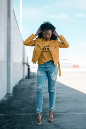 how to style a yellow leather jacket