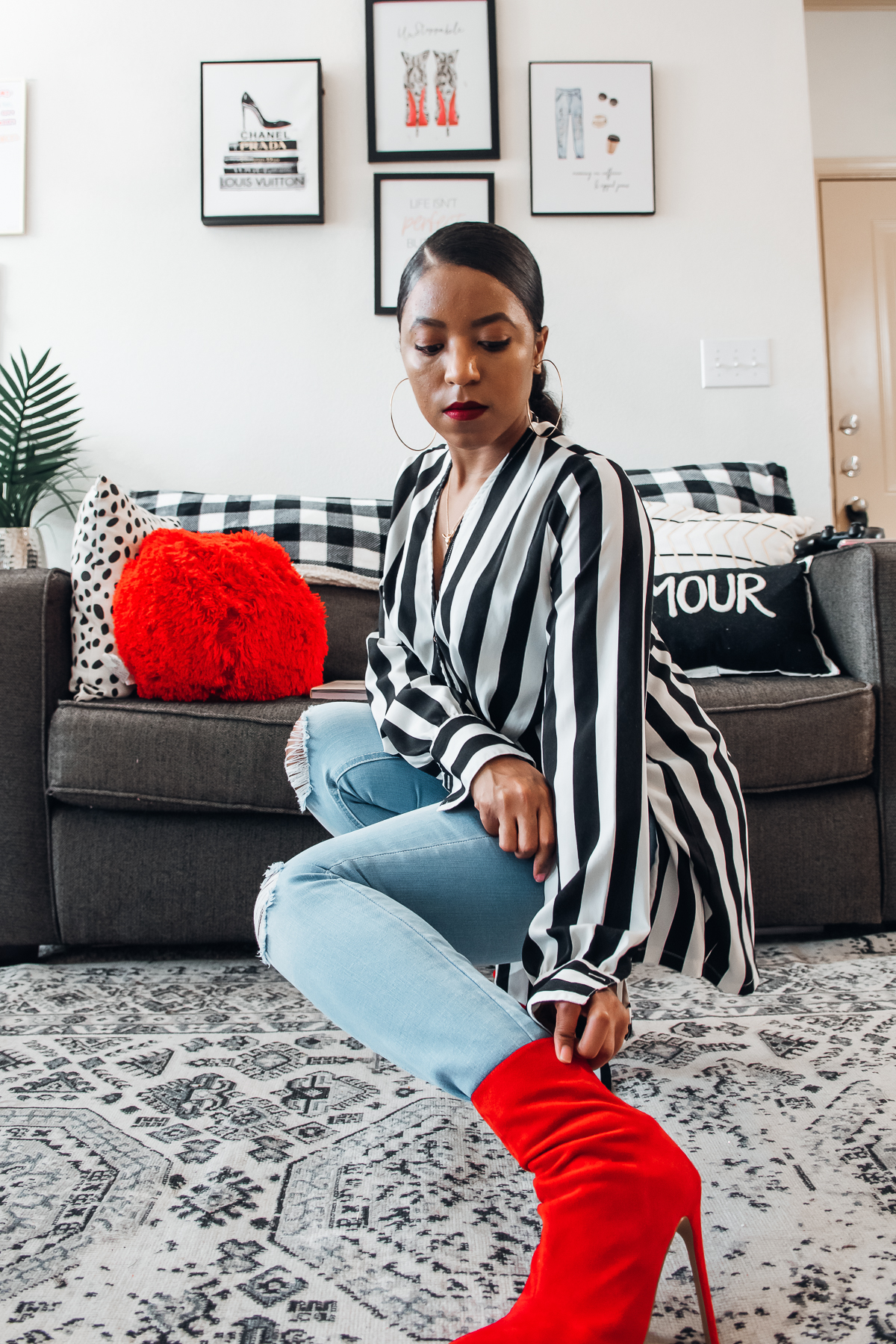 styling black and white stripes while doing at-home activities